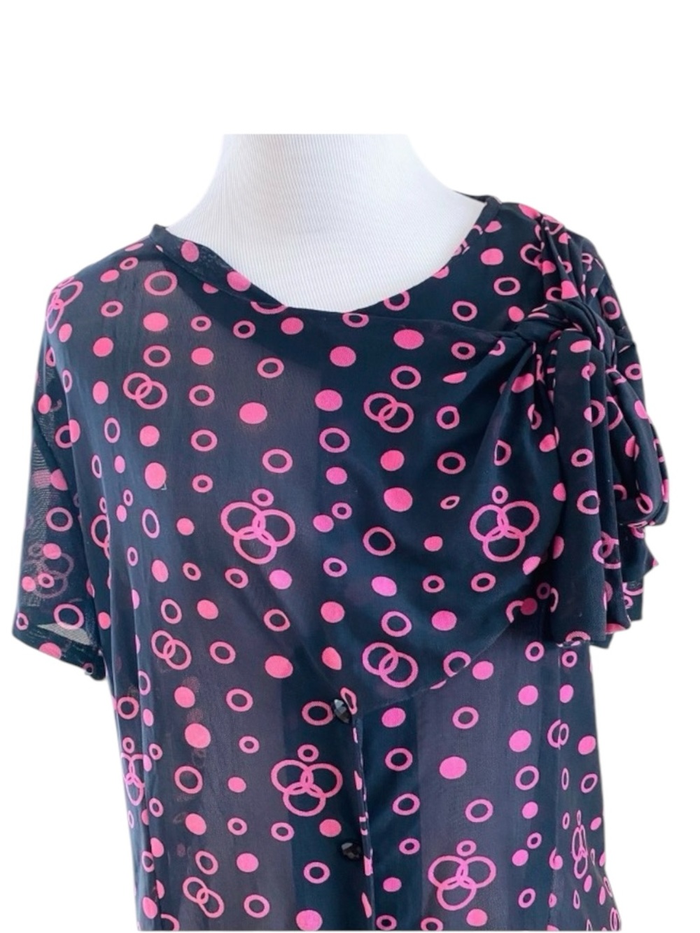 Bettie Page Retro Blouse Large Sheer Bowknot Top Vintage Black Pink Circle Print